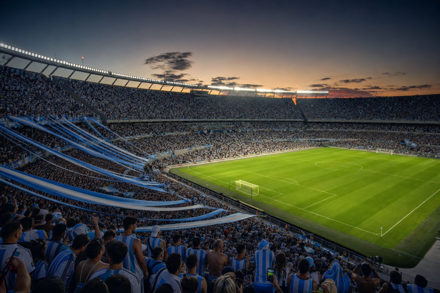 Estadio de fútbol sudamericano repleto al atardecer