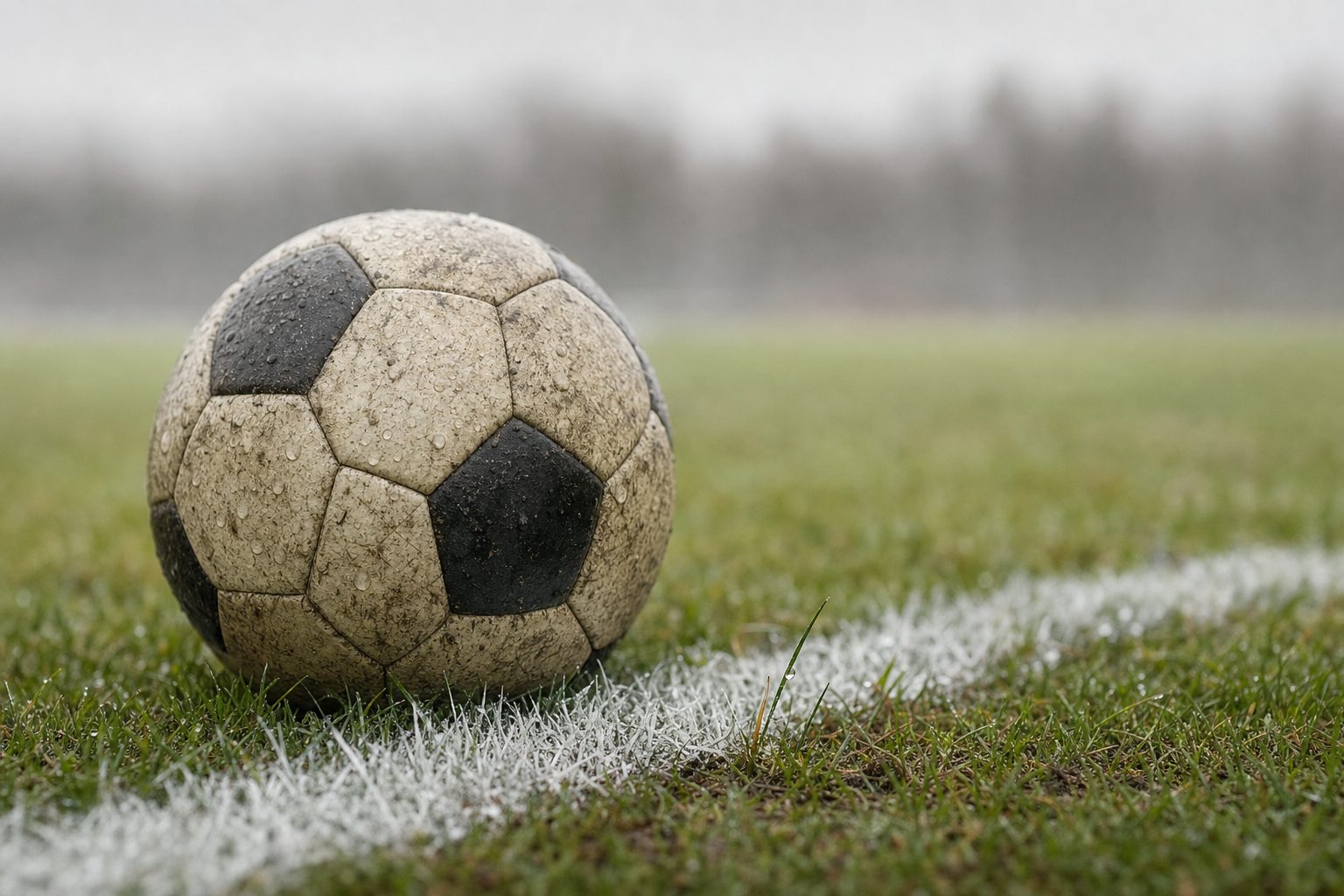 Pelota de fútbol gastada apoyada sobre la línea de cal de una cancha mojada
