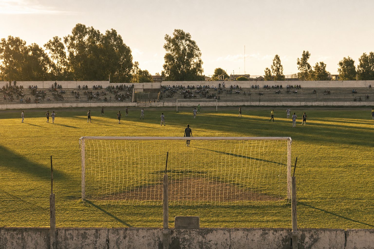 Cancha de fútbol de un club del interior argentino al atardecer, vista desde detrás del arco