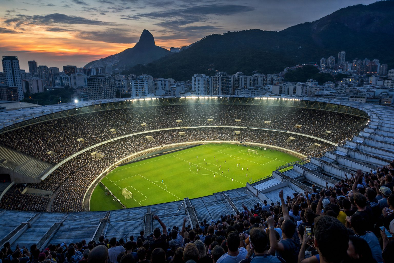 Estadio de fútbol brasileño al anochecer, con las gradas llenas y los focos encendidos