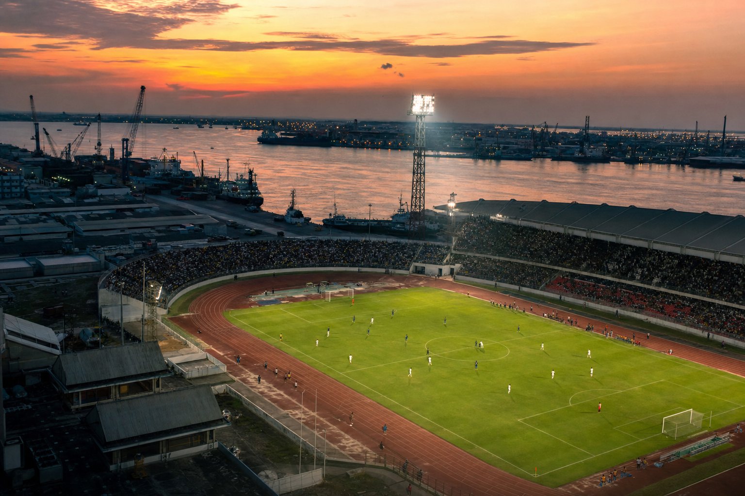 Estadio junto al puerto fluvial de Guayaquil al anochecer, con las grúas al fondo