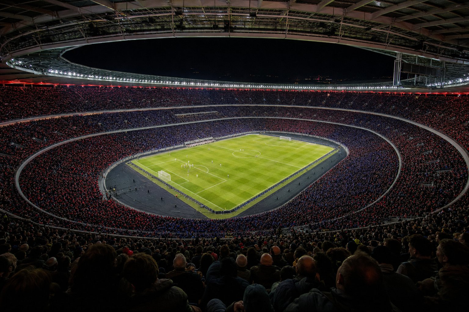 Estadio mexicano visto desde la bandeja alta durante un partido nocturno