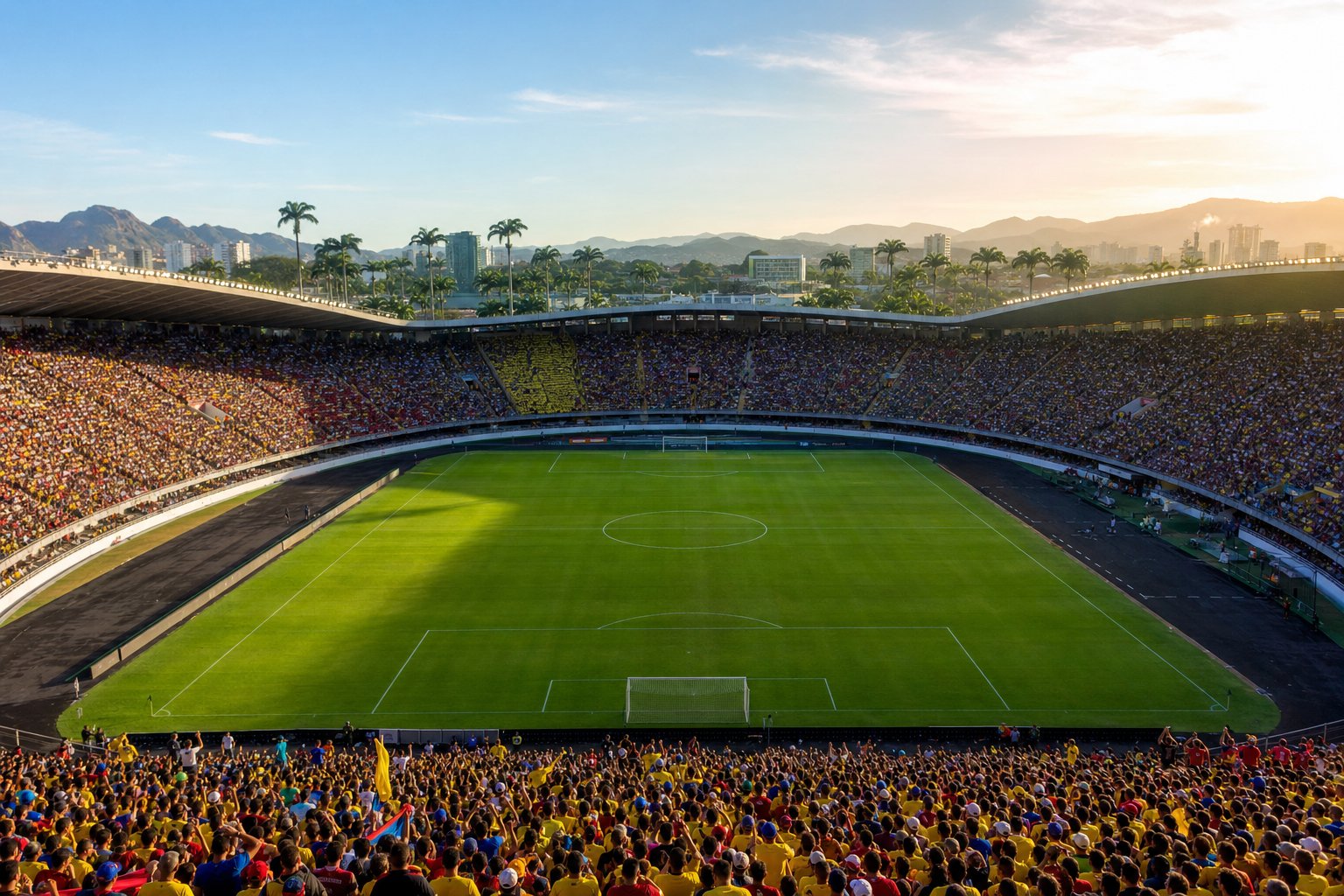 Estadio de fútbol colombiano con la hinchada colorida