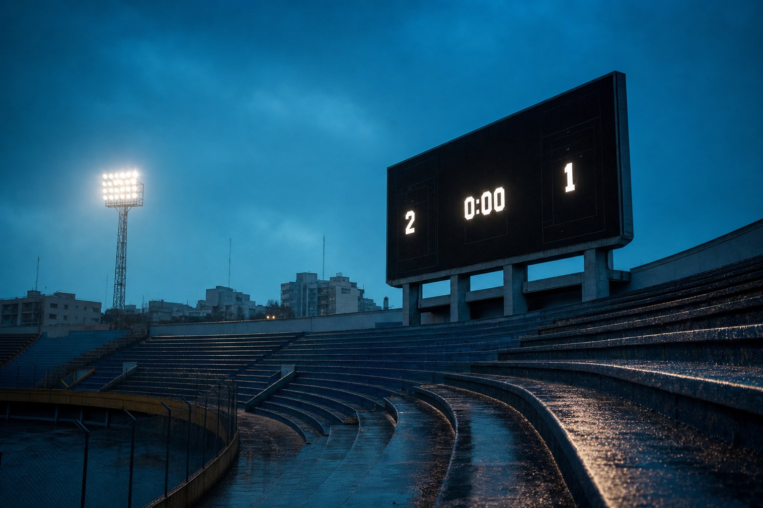 Marcador de un estadio vacío encendido al anochecer, con las tribunas mojadas por la lluvia