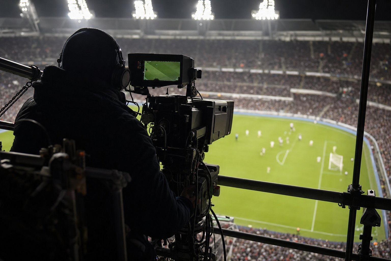 Cámara de televisión sobre una pasarela, encuadrando un estadio iluminado de noche