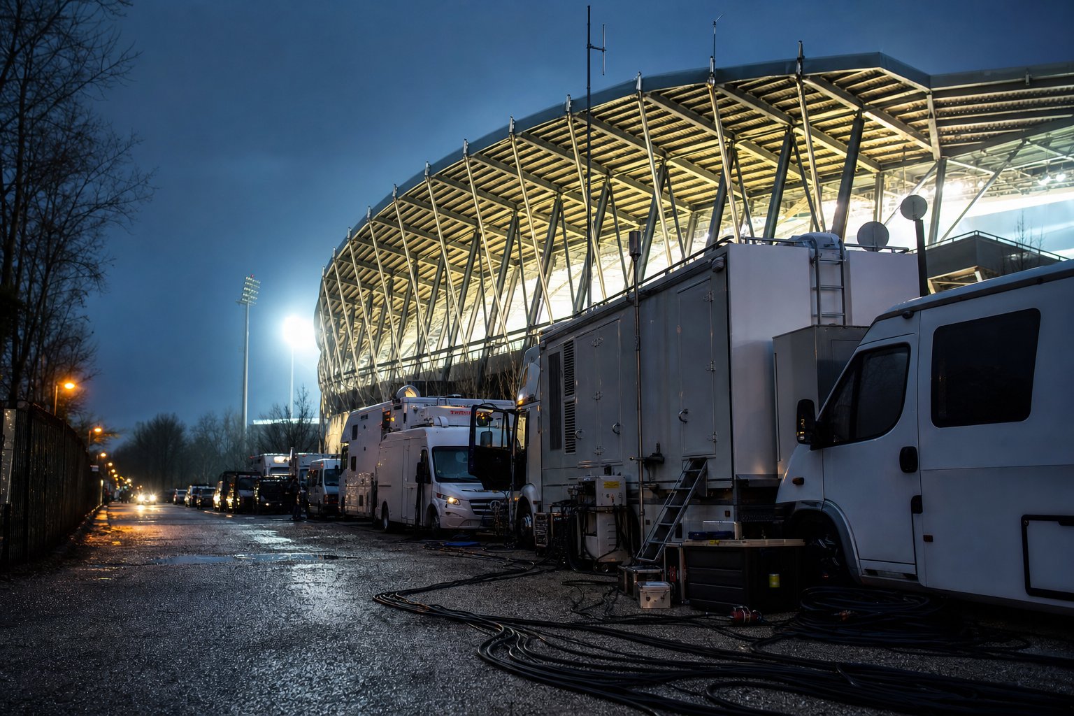 Unidades móviles de transmisión detrás de un estadio en una tarde de partido