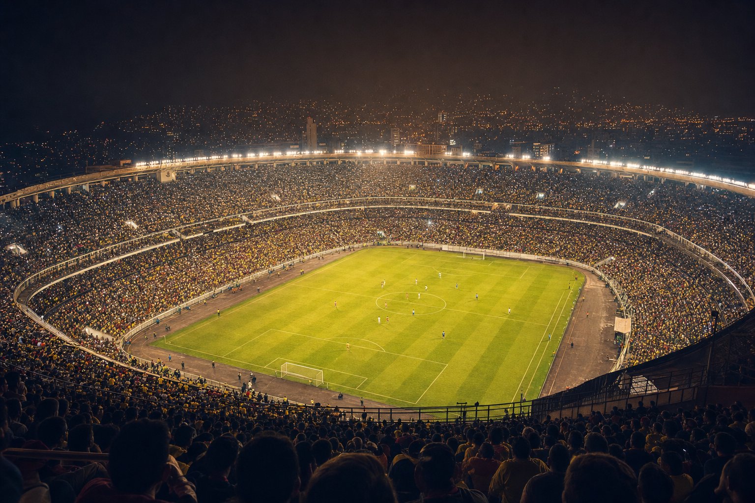Estadio de fútbol mexicano de noche, con las gradas llenas y el campo iluminado