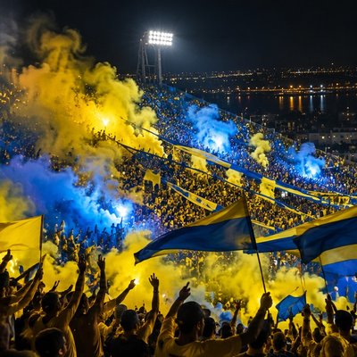 Hinchada con banderas y humo en un estadio de noche (imagen generada con AI)