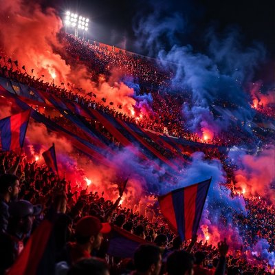 Hinchada con banderas y humo en un estadio de noche (imagen generada con AI)