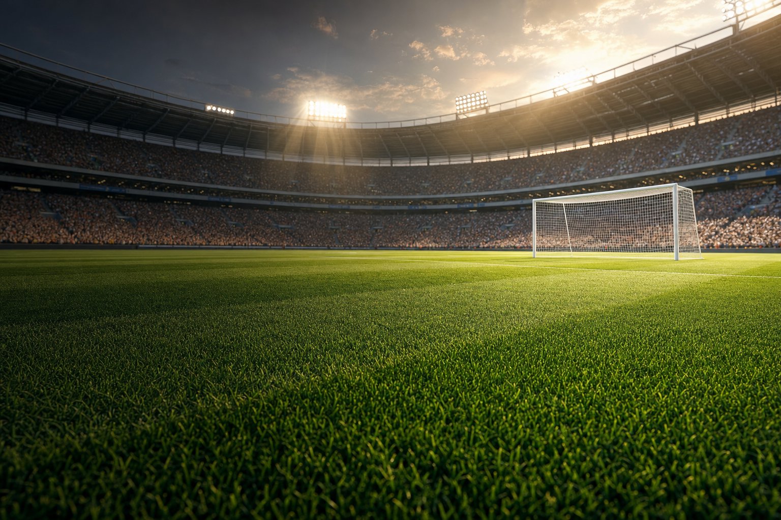 Estadio de fútbol sudamericano con las tribunas llenas y el arco iluminado al atardecer
